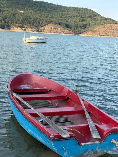 A red and blue boat rests on the water, its oars visible. In the distance, a white sailboat is anchored near a tree-covered hillside. The water is calm, with gentle ripples reflecting the sky. The hillside is lush with green trees, and the terrain appears to be a gentle slope leading down to the water's edge. The sky is a clear, pale blue, suggesting a pleasant day. The scene appears to be a peaceful, natural setting, likely a lake or reservoir. No people are visible in the image. The time of day appears to be daytime, possibly late afternoon given the lighting on the hillside. The location is Gniazdovo, Bulgaria.