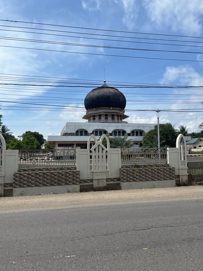 The image shows a mosque with a large dark dome, seen from a street in Pantegurah, Indonesia. The mosque features white walls and arched windows. In front of the mosque, there is a white decorative fence with a patterned tile base. Beyond the fence, trees and other buildings are visible. Overhead, numerous electrical wires are strung across the bright blue sky with scattered clouds. A paved road runs in the foreground, with a dirt area between the road and the fence. The scene appears to be captured during the daytime under natural light. There are no people visible in the image.