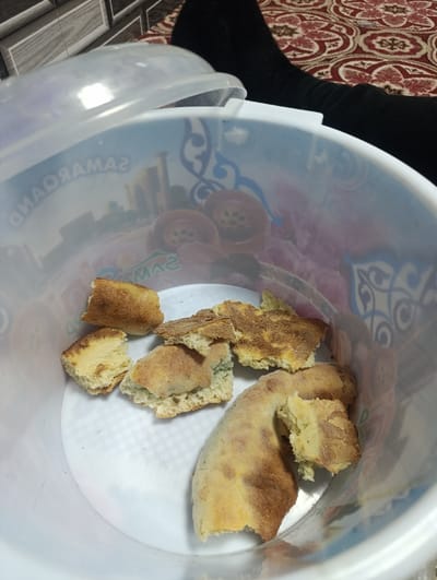 A plastic container with a loose lid contains remnants of bread. The bread pieces vary in size and shape, some with a golden-brown crust. Mold is present on a few of the bread pieces, suggesting spoilage. The container features a printed design in blue and brown. Part of a leg wearing a black sock is visible in the background. A patterned carpet is underneath the leg.