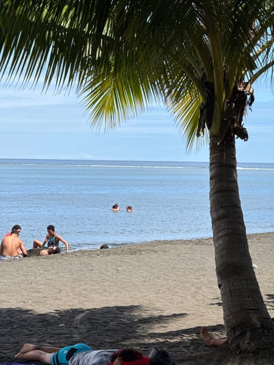 The image depicts a beach scene in Māhina, France, under clear daylight. A large palm tree with green fronds partially frames the upper and right side of the photograph, casting a prominent shadow across the dark-colored sand in the foreground. In this shaded area, one individual lies prone, facing left, with their head on a red object and a dark bag nearby; they wear light shorts with blue stripes and a grey top, with one bare foot visible near the palm tree trunk. In the midground, on the sunlit beach closer to the water, two individuals are seated on the sand. The person on the left is an adult male, shirtless, facing right. The person on the right, appearing younger, wears a patterned tank top and dark shorts, facing left, seemingly interacting with a small mound of sand between them. Beyond the shoreline, the calm, blue ocean contains two individuals partially submerged, appearing to swim or float. The background shows the expansive ocean extending to a distant horizon with a subtle reef line, under a light blue sky with sparse white clouds.