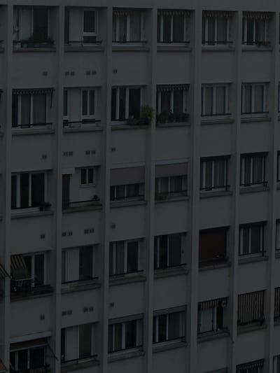 The image displays a forensic view of a multi-story residential building facade located in Maisons-Alfort, France. The structure consists of multiple vertical sections and at least eight visible floors, rendered under low ambient light. The building's exterior appears to be a light, neutral color, possibly off-white or light grey. Each floor features multiple rectangular windows, many equipped with external roller shutters. These shutters vary in position, with some fully closed, some partially open, and others retracted; their colors include grey, beige, and one distinct dark reddish-brown shutter on the fourth floor from the top, fifth column from the left. Several window sills or small balconies contain potted plants, including a prominent spiky green plant on the third floor from the top, third column from the left. A window in the far-right column, fifth floor from the top, is fitted with a vertically slatted grille. No individuals or discernible activities are observed.