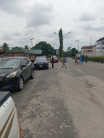 The image depicts a street scene in Eliozu, Nigeria, under an overcast sky. In the foreground, the rear of a white pickup truck is visible on the left. To the right, a black SUV is parked, facing away from the viewer. Further down the road, another black SUV is parked, with its license plate reading "VWR 94TER". Several individuals are walking on the road and sidewalk. On the road, a man in a blue outfit and another in a tan outfit are walking across. A woman in a green dress and another in a brown dress are walking on the sidewalk. A man in a dark suit stands on the side of the road near the parked black SUV. The background features buildings, palm trees, and streetlights. The road appears to be asphalt with some patches of wear and tear.