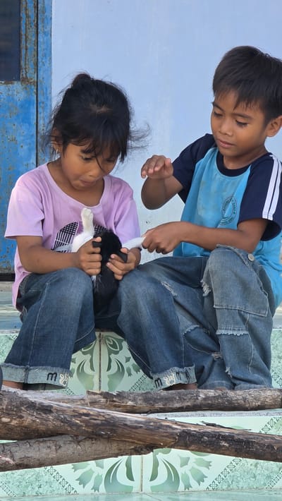 In Ba Ngoi Ward, Vietnam, a young boy wearing a blue and navy shirt sits with his legs crossed over a young girl in a lavender shirt. The girl holds a black and white kitten in her lap. The boy's hands hover near the kitten. They sit on a tiled floor next to roughly hewn wooden posts. A blue wall is in the background.