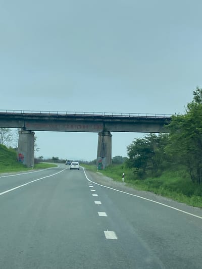 The image captures a view from a vehicle driving on a paved road in Ryazanovka, Russia. A concrete overpass, likely a railway bridge, dominates the upper portion of the frame. Red graffiti is visible on the underside of the overpass. Two concrete support pillars for the bridge are present, with one on the left showing some red and blue graffiti. A white car and a blue car are driving on the road under the overpass. The road has white lane markings. The surrounding environment is lush with green grass and trees, suggesting a rural or suburban setting. The sky is overcast with a light blue-grey hue. Roadside markers, one red and white striped, are visible on the right side of the road.