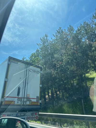 The image, taken from a moving vehicle, shows the rear of a white refrigerated truck with "KRONE" branding on the top left and "VALSTONI" on the side. The truck has yellow and red stripes on the lower rear and Bulgarian license plates reading "X-0815 EM". The truck is on a highway, indicated by the speed limit signs (50, 60, 80, 90) and a traffic barrier. The truck is traveling alongside a densely wooded area with pine trees. The sky is clear blue with scattered white clouds. The location is identified as Novi han, Bulgaria. A reflection of the photographer's hand is visible in the lower left corner of the image, in the car's side mirror.