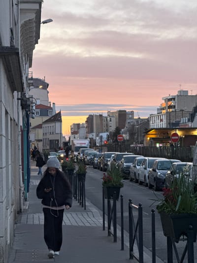 The image depicts an urban street scene in Bois-Colombes, France, at twilight, characterized by a sky with prominent pink, orange, and light grey cloud formations. The perspective is from a sidewalk looking down a street.
On the left, a light-colored multi-story building facade runs vertically, featuring architectural details such as a cornice and a mounted streetlamp. Below, storefronts with dark-framed display windows are visible. A woman, appearing to be in her 20s or 30s, walks on the paved sidewalk in the foreground. She wears a grey beanie, a dark puffy jacket, a light top, dark trousers or a long skirt, and white sneakers. She is looking down at a smartphone held in both hands and has white wired earphones plugged into her ears. Further down the left sidewalk, other pedestrians are indistinctly visible.
The street itself runs into the distance, with a line of parked passenger vehicles, predominantly light-colored, occupying the right side. These vehicles are primarily compact cars. A series of dark metal barriers or bollards, approximately waist-high, separates the sidewalk from the parked cars. Rectangular dark planters containing red, white, and green flowering plants are affixed to the top of some of these barriers.
In the mid-ground, a white commercial delivery truck with "JSA" and "JSAOOO" branding is visible in traffic, moving away from the viewer. Other vehicle headlights are visible further down the street. Two circular red "no entry" signs are present on the right side of the street, one closer and one further back, indicating restricted access.
The background consists of a dense urban landscape with various multi-story buildings, some appearing residential and others commercial. A brightly illuminated establishment, possibly a shop or restaurant, is visible on the right side of the street beyond the parked cars. A bare-branched tree is discernible among the buildings on the left. The overall lighting suggests either early morning or late evening.