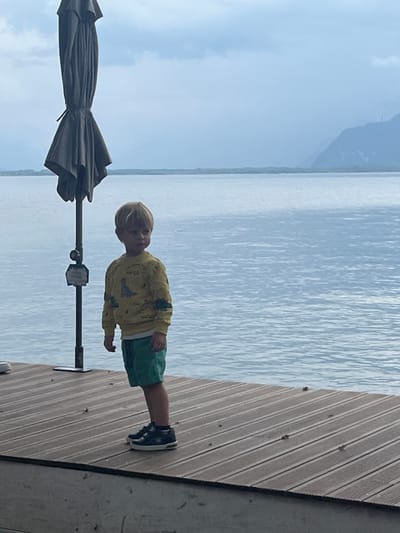 The image depicts a young male child, estimated between three and five years of age, standing on a light brown wooden deck at the edge of Lake Geneva in Vevey, Switzerland. The child has short blonde hair and wears a yellow long-sleeved sweatshirt with dark dinosaur patterns, green shorts, and dark sneakers. He stands upright, facing slightly right, and looks towards the camera with a neutral expression. To the child's immediate left, a large, folded, dark grey patio umbrella stands vertically on a pole, with a small sign attached to its shaft. The wooden deck in the foreground is composed of parallel planks and shows minor surface debris. The middle ground is occupied by the calm, grey-blue water of Lake Geneva, exhibiting subtle ripples. In the distant background, hazy, dark mountain ranges (the Alps) are visible across the lake, beneath a uniformly overcast grey sky. A partial view of a foot wearing a white shoe is discernible on the far left edge of the deck.