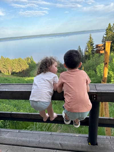 Two young children are leaning over a wooden railing, presumably on a balcony or deck. The child closer to the camera has curly hair and is wearing a striped shirt and shorts. The other child is wearing a t-shirt and shorts. They are both looking out over a landscape featuring a body of water (likely a lake or river), trees, and sky. The location is presumed to be in Галево, Russia.