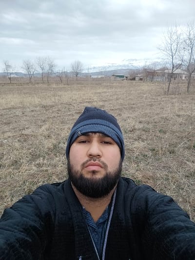 A man with a beard and a blue beanie takes a selfie outdoors. He's wearing a dark, textured jacket and a patterned shirt. The background is a field of dry grass with scattered trees, leading to a distant view of snow-capped mountains under a cloudy sky. Some buildings are visible in the midground.