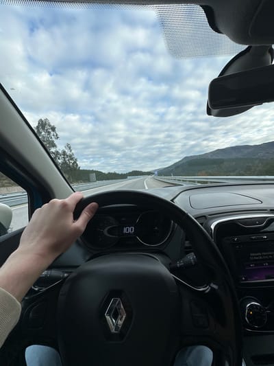 A forensic description of the scene depicts a driver's perspective from within a moving vehicle on a highway, identified as being in the vicinity of Ribeira de Pena, Portugal. The driver's right hand, wearing a light-colored long-sleeve garment and blue jeans, is positioned on the black, three-spoke steering wheel, which features a silver Renault emblem at its center. The digital instrument cluster visible through the steering wheel indicates a speed of 100 KM/H and an ambient temperature of 4°C. To the right, an infotainment system displays Portuguese text, including "Ritmeda Hawaiana..." and "03 Março 01S, MC C...", suggesting active media playback.
Outside the vehicle, a multi-lane asphalt highway extends into the distance, curving gently to the right. White lane markings delineate the road, which is bordered by silver crash barriers on both sides. Dense green vegetation, primarily trees and shrubs, lines the immediate road shoulders. Undulating, tree-covered mountains are visible in the far background. The sky is heavily clouded with numerous white and grey cumulus formations. A blue road sign is discernible on the right side of the road in the distance, and a large eucalyptus-like tree stands prominently on the left side near the vehicle. The car's windshield and rearview mirror are partially visible at the top of the frame.