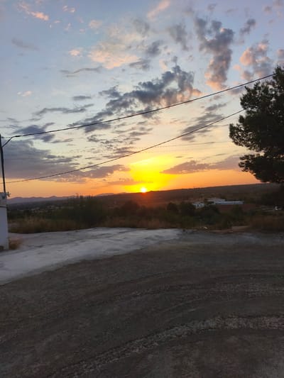 This image depicts a sunset over a rural landscape near Riba-roja de Túria, Spain. The sun is a bright, warm orb partially obscured by a thin line of clouds on the horizon, casting an orange glow across the sky. The sky is a gradient of pale blue at the top, transitioning to soft pinks and oranges nearer the horizon, with scattered grey and pink clouds. In the foreground, a rough, textured surface, possibly a dirt or gravel road, slopes downwards. To the left, a white wall is partially visible. Beyond the immediate foreground, a gentle slope leads to a distant landscape of rolling hills dotted with sparse vegetation and a few buildings. A dark green pine tree is visible on the right side of the frame, silhouetted against the bright sky. Power lines are stretched across the upper portion of the image. The overall scene is serene and natural, capturing the end of the day in a quiet, undeveloped area.