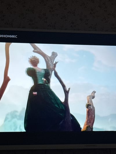 A television screen displays an image of a human figure seemingly suspended in the air amongst tree branches, with a light blue sky and white clouds visible in the background. The figure is wearing what appears to be a dark green robe. The surrounding environment appears to be a natural setting. The location, Nevzorovo, Russia, is not directly discernible from the visual elements within the image.