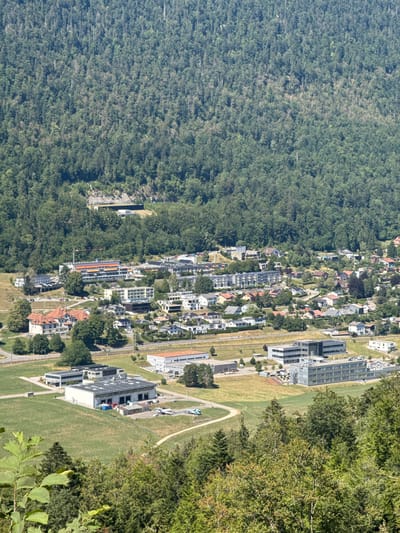 This is a high-angle, wide shot of a town nestled against a densely forested mountain in Sonvilier, Switzerland. The foreground shows the upper branches of trees. In the mid-ground, a cluster of modern buildings, including office complexes and industrial facilities, are spread across a green, mowed field. One large building has a white facade and a gray roof covered in solar panels, with several vehicles parked nearby. Another complex to its right consists of several gray, multi-story buildings. Further back, a dense collection of residential houses with red-tiled roofs populate a hillside, with more buildings and infrastructure visible as the terrain rises. The background is dominated by the dark green expanse of a thick forest covering the steep mountain slopes. The sky is clear and bright.