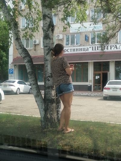 The image shows a woman standing in front of a birch tree, facing away from the camera. She is wearing a leopard-print top and denim shorts. Her back is to the building, and she is holding something in her right hand. The building behind her appears to be a hotel, with large windows and a sign that reads "ГОСТИНИЦА ЦЕНТРАЛЬНАЯ" which translates to "CENTRAL HOTEL." To the left of the building is a parking sign with a disabled symbol. A white Lexus sedan is parked to the left of the entrance, and a white Honda sedan is parked to the right. The ground in front of the building is a dirt and gravel lot. The image was taken in the city of Lesozavodsk, Russia.