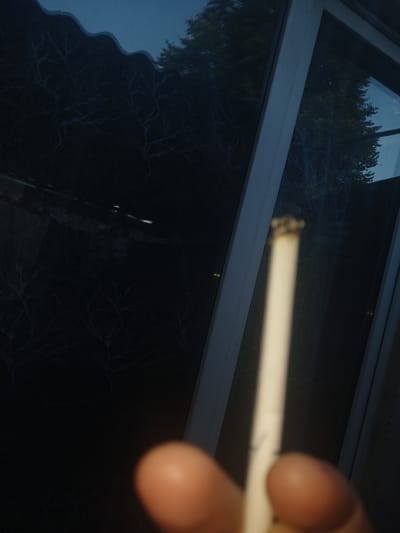 The image captures a close-up of a lit cigarette held in a person's hand, silhouetted against a dark window. The background through the window appears to be a nighttime scene with faint outlines of trees and possibly some man-made structures. The window frame is visible, suggesting an indoor perspective. The overall mood is somber and subdued, possibly indicating a moment of quiet reflection or contemplation. The city of Fastiv, Ukraine, is not discernible from the visual information provided in this image.