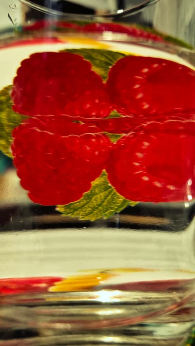 The image is a close-up shot of raspberries and their reflections, visible through a glass container. The raspberries are a vibrant red, with textured surfaces that suggest ripeness. They appear to be partially submerged in or behind a liquid, as evidenced by the distorted reflections and slight waviness of the image. Two green leaves are visible behind the raspberries, adding a contrasting color to the scene. The background is blurred, but hints of colorful patterns, possibly from the container's design or contents, are discernible at the bottom. The overall impression is one of freshness and natural beauty, with the glass adding a layer of visual complexity through refractions and reflections. There are no people, activities, or references to the city of Troițcoe, Moldova, in the image.