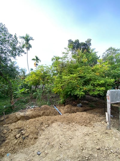 The image depicts an outdoor scene with lush vegetation and a construction site. The foreground is dominated by a pile of excavated earth, revealing layers of soil and rocks. A blue pipe is visible emerging from the earth, suggesting ongoing construction or plumbing work. To the left of the excavated area, a dense growth of trees and plants is seen, including palm trees and leafy trees. Some of the foliage is a vibrant green, while other parts show hints of yellow, possibly indicating the time of year or the health of the plants. In the background, a simple structure made of concrete blocks and wooden planks is partially visible. The sky above is a clear blue, suggesting a bright, sunny day. The overall impression is one of a rural or semi-rural setting undergoing some form of development or repair. The image appears to be taken during daylight hours. No people are visible in the frame. No text is discernible in the image. The location context provided is Meunasahlhok, Indonesia.