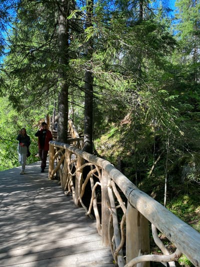 In Ruskeala, Russia, a wooden walkway winds through a dense forest with tall evergreen trees and lush green foliage. The walkway features a rustic, naturalistic railing made of intertwined branches. Two individuals are walking along the path. In the foreground, a young woman with light-colored hair, wearing a light green jacket and light pants, is seen from the waist down. She is holding a red object in her left hand. Behind her, a man wearing a reddish-orange jacket and dark pants walks away from the camera, his left hand near his neck. The sun casts dappled shadows on the wooden planks of the walkway, creating a play of light and dark. The environment suggests a natural, outdoor setting, likely a park or scenic trail.