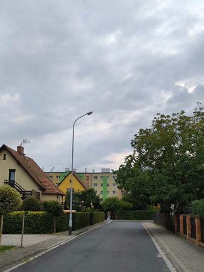The image displays a residential street in Oława, Poland, under an overcast sky dominated by light grey clouds. An asphalt road, lacking visible markings, extends into the background. Paved sidewalks, constructed from light-colored rectangular pavers, border both sides of the road.
A single, metallic grey street light pole with a curved arm and luminaire stands centrally on the left side of the road.
On the left, a detached house with a light beige/yellow facade and a reddish-brown tiled gabled roof is prominent. A chimney topped with a television antenna is visible on the roof, and a dark-colored exterior staircase leads to an upper-story entrance. Foreground properties are lined with trimmed green hedges and sculpted bushes. Further back on the left, another yellow-fronted building with a similar roof is partially visible.
In the mid-ground to background, a multi-story apartment block with a flat roof features a multi-colored facade, including sections of green, light beige, and light yellow, with numerous windows.
On the right side of the street, a low fence constructed from dark brown bricks with pillars lines the sidewalk. Behind it, a large tree with dense green foliage occupies the upper right portion of the frame.
One individual, dressed in light-colored attire, is observed walking away from the viewer on the right sidewalk in the mid-ground. Their features are indistinct due to distance. The scene is static, depicting a daytime street environment.