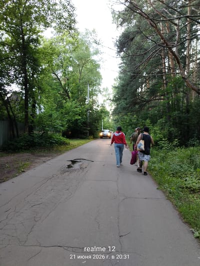 A group of three people walk down a paved road in a wooded area. The person in front, wearing a red jacket and blue jeans, walks away from the camera. Behind them, two individuals walk side-by-side. The person on the left carries a pink bag, and the person on the right wears a black tank top and patterned shorts, carrying a large tote bag. A car with its headlights on is visible in the distance, approaching the group. The road is cracked and appears to have a pothole filled with water. Lush green trees line both sides of the road, and a fence is visible on the left. The timestamp in the lower right corner indicates the image was taken on June 21, 2026, at 20:31. The location is identified as Druzhba SNT, Russia.