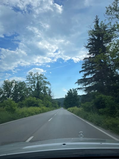 The image depicts a view from the driver's seat of a car traveling on a paved road through a rural area. The road is lined with dense green trees and vegetation on both sides, with a few taller pine trees visible on the right. The sky is blue with scattered white clouds. In the distance, the road curves and disappears into the landscape, with a few other vehicles visible on the road. The Mercedes-Benz logo is visible on the hood of the car in the foreground. The location is identified as Mezdreya, Bulgaria, suggesting a scenic drive through the Bulgarian countryside.