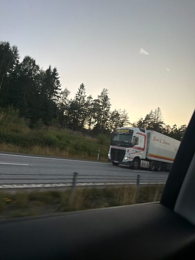 A white semi-truck with red and black accents is traveling on a highway. The truck is branded with "Speed & Sensation" in red lettering on the trailer. The truck has a Volvo logo on the front grille. The highway is a multi-lane asphalt road with a white line marking the lanes. On the left side of the highway, there is a grassy embankment with trees lining the top. The sky is clear and light blue, with a faint gradient towards a lighter color at the horizon. The scene is likely captured from a moving vehicle, as indicated by the motion blur in the foreground. The location is Dingle, Sweden.