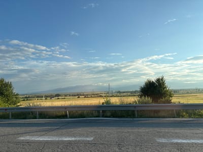 The image depicts a roadside view in Kvemo Akhalsopeli, Georgia, under a bright blue sky dotted with white, wispy clouds. In the foreground, a grey asphalt road with white markings runs horizontally across the frame. A metal guardrail separates the road from the environment beyond.
Beyond the guardrail lies a vast, golden field, likely of wheat or barley, stretching towards a distant horizon. Scattered throughout the field are scattered trees and vegetation, as well as several utility poles and some buildings. In the far distance, a range of hazy mountains is visible. The overall impression is a rural, agricultural landscape bathed in the warm light of what appears to be either early morning or late afternoon. No people or animals are visible in the image.