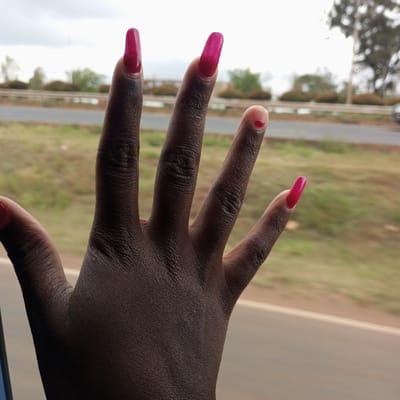 A person's dark-skinned hand with long, glossy, pink nails is held up against an outdoor backdrop. All fingers have pink nails, except the middle finger, which has a short, unpainted nail. Outside, a road with a white guardrail is visible. Beyond the road is a grassy area with trees and shrubs, suggesting a roadside or highway setting. The sky overhead appears overcast.