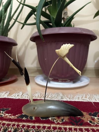 This is a close-up, eye-level shot of a decorative figurine, likely made of carved bone or wood, placed on a red, patterned rug. The figurine depicts a bird, with a pale, carved body and wings, perched on a thin, dark stem. There are also some dark, quill-like elements behind the bird, possibly representing reeds or feathers. The figurine is situated in front of two large potted plants, identifiable as aloe vera, in dark purple pots. The pots are resting on white saucers, which are on a light-colored surface, possibly a wooden table. The background is a plain, light-colored wall. The scene appears to be indoors, likely in a domestic setting. There is no indication of the city of Mary, Turkmenistan in the image.