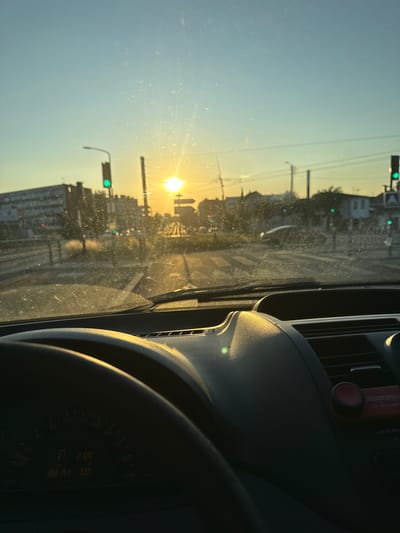 The image, taken from inside a vehicle, captures a view of a city intersection at sunset. The sun is low on the horizon, casting a warm glow across the scene and creating lens flare on the windshield. Several traffic lights are visible, with at least two showing green signals. Buildings and trees line the street, and a pedestrian crossing is present. The dashboard of the car is partially visible in the foreground, with a speedometer displaying a speed of 31 km/h and an odometer reading of 266,154 km. The overall impression is of a typical urban environment during the late afternoon or early evening.
