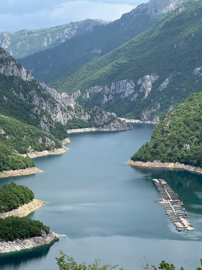 This aerial shot reveals a narrow, calm, blue river nestled between steep, rocky mountains densely covered with green vegetation. The mountains create sharp, jagged edges along the river's banks. In the upper-right quadrant of the frame, a large structure comprised of floating circular enclosures is visible in the water. The environment suggests a remote and natural setting. The photo was taken in Seljani, Montenegro.