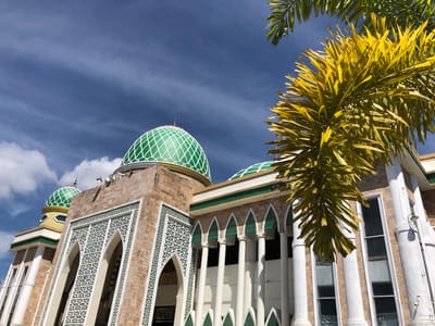 The image shows a mosque in Gampongjawa, Indonesia, under a partly cloudy sky. The mosque has three green domes with white lattice patterns. The building's facade is constructed from light brown brick and adorned with white geometric ornamentation. White pillars line the building. A palm tree with yellow fronds occupies the right side of the frame, partially obscuring the view of the mosque. The overall perspective is from a low angle, looking upwards at the structure.