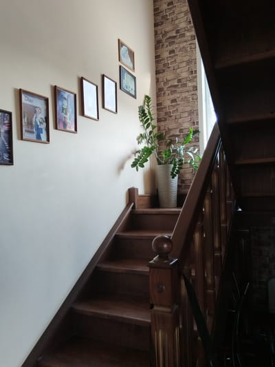 The image depicts an interior view of a wooden staircase with several framed pictures hanging on a cream-colored wall. To the right, a brick-patterned wallpapered section is visible, with a tall potted plant in front of it. The staircase appears to be made of dark wood, with a wooden railing featuring decorative spindles. The photographs on the wall are arranged in a diagonal line, and appear to be portraits. One frame is partially visible on the far left. The lighting suggests an indoor setting, possibly a home or an office. The scene is static, with no people or actions visible. The environment is tidy and decorated.