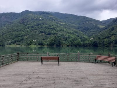 The image shows a wooden pier with two benches overlooking a calm body of water. The pier is constructed of weathered wooden planks and features a wooden railing. On the pier, two wooden benches are visible, one in the foreground and another further back. The water is a muted green color and reflects the overcast sky. Beyond the water, a densely forested mountain range rises, its slopes covered in lush green trees. The sky is overcast with thick, gray clouds. The scene appears to be located in a natural, serene environment, possibly a lake or reservoir within the vicinity of Ayvacık, Turkey, known for its natural beauty. There are no people visible in the image.