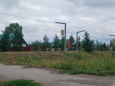 The image shows a street scene in Prokudskoye, Russia, under a cloudy sky. In the foreground, a cracked asphalt road curves from the left to the bottom center. Behind the road, a grassy embankment is covered with wild flowers and vegetation. Several utility poles with horizontal arms are spaced along the embankment, each displaying a framed portrait of a person. In the background, houses with green and red roofs are visible amidst trees. Power lines stretch across the upper portion of the image.