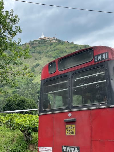 The image shows the side of a red Tata bus with license plate "WP NA 2546". The bus is parked in a mountainous region of Kumbalwela, Sri Lanka, with green foliage in the foreground and a Buddhist temple visible on the hilltop in the background. The bus is tilted on a slight angle, and has black trim around the windows and doors. The bus displays "MV 41" in white writing.