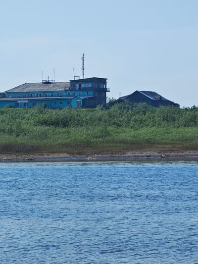 This media file depicts a wide shot of a waterside settlement under a clear, light blue sky, suggesting a daytime scene with good weather. The foreground is dominated by a body of calm, blue water, reflecting the sky and creating a rippling texture. Beyond the water, a strip of sandy, muddy ground with some debris is visible.

The middle ground is characterized by a dense, vibrant green line of lush vegetation, appearing as thick bushes and trees. This natural barrier rises up to the base of a long, blue, multi-story building that stretches across a significant portion of the image. This building has a sloped, grey roof and numerous windows. To the right of this building, partially obscured by the vegetation, is a darker, angular structure with a prominent dark roof. A tall, slender radio tower with multiple antennae stands above and behind the blue building, suggesting a connection to communication or infrastructure in the area. The overall setting appears to be a remote or industrial location, possibly in a northern region given the vegetation and building style, consistent with Dudinka, Russia. There is no visible activity or people in the frame, lending a sense of quiet or abandonment to the scene. The lighting is bright and even, indicating it is likely midday.