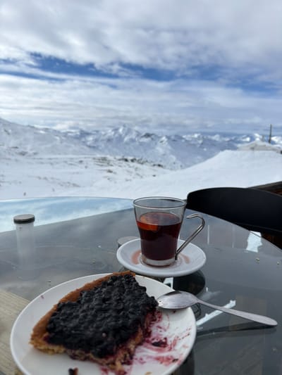 The image depicts an outdoor table setting situated in a high-altitude location within Saint-Martin-de-Belleville, France, overlooking a vast, snow-covered mountainous landscape.
In the foreground, a clear glass tabletop holds a white ceramic plate with a partially consumed blueberry tart, featuring a golden-brown crust and a dense topping of dark blue blueberries. Reddish-purple berry residue is visible on the plate. A silver spoon rests diagonally across the plate, partially beneath the tart. Adjacent to the plate, on the right, a clear glass mug with a metallic handle, resting on a white saucer, contains a dark red beverage with a visible orange slice; reddish liquid stains are present on the saucer. Reflections of the surrounding environment are visible on the glass table surface. A cylindrical object with a metallic cap is positioned on the far left edge of the table, and a dark chair back is partially visible on the right side.
The midground reveals an expansive alpine environment consisting of numerous snow-covered mountain peaks and valleys. The terrain is predominantly white with snow, broken by some visible darker rock formations. Distant ski slopes or tracks are discernible.
The background features a sky with layered white and grey clouds, interspersed with clear patches of blue sky. No individuals are present in the scene.