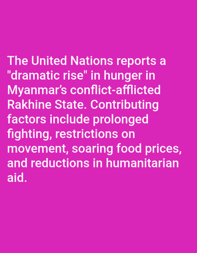 The image displays a digital graphic, located in the city of Kundasang, Malaysia. It features white sans-serif text presented against a solid, uniform magenta background. The text conveys a report stating, "The United Nations reports a 'dramatic rise' in hunger in Myanmar’s conflict-afflicted Rakhine State. Contributing factors include prolonged fighting, restrictions on movement, soaring food prices, and reductions in humanitarian aid." There are no people, physical subjects, or objects other than the text characters themselves visible within the image frame. No actions or interactions are depicted. The environment is limited to the two-dimensional magenta field on which the text is rendered.
