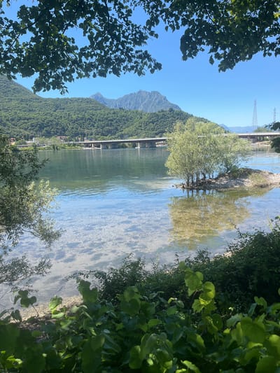 This media file shows a serene waterscape with a clear, shallow river or lake in the foreground, reflecting the sky and surrounding vegetation. The water is so transparent that the rocky or sandy riverbed is visible beneath the surface. On the left bank of the water, a lush, green mountainside rises steeply, covered in dense trees. A clear blue sky dominates the upper portion of the image.
On the right side of the image, the bank is lined with dense, leafy green bushes and trees, framing the view of the water. In the middle distance, a bridge crosses the water, supported by pillars. Beyond the bridge, more of the tree-covered mountains can be seen, along with what appear to be some buildings and structures nestled at the base of the mountains. Further in the background, more mountains are visible, their peaks fading into the haze of the distance.
A prominent feature in the middle of the water is a tree growing on a small rock or island, its reflection clearly visible in the calm water. The overall impression is one of natural beauty and tranquility, suggesting a warm, sunny day in a picturesque, mountainous region. The lighting indicates it is daytime, likely morning or afternoon, with the sun casting bright light on the scene. There is no visible text in the image. The location is identified as Lecco, Italy.