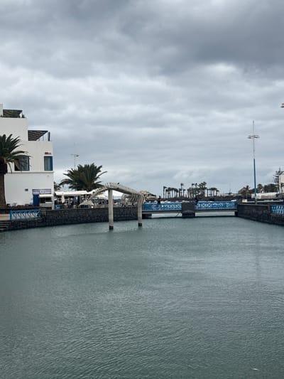 The image depicts a waterfront scene in Arrecife, Spain, under an overcast sky. The body of water appears calm with light wavelets. Buildings with white exteriors and blue architectural accents are visible on the near shoreline. Palm trees are scattered along the waterfront. A distinctive white sculptural installation resembling a whale skeleton arches over a restaurant or cafe along the water's edge. In the distance, a series of blue pedestrian bridges or walkways extends along the shoreline, connecting sections of the waterfront. A tall, slender structure with a white top and a blue base stands out. The overall atmosphere is calm and muted due to the cloudy sky.