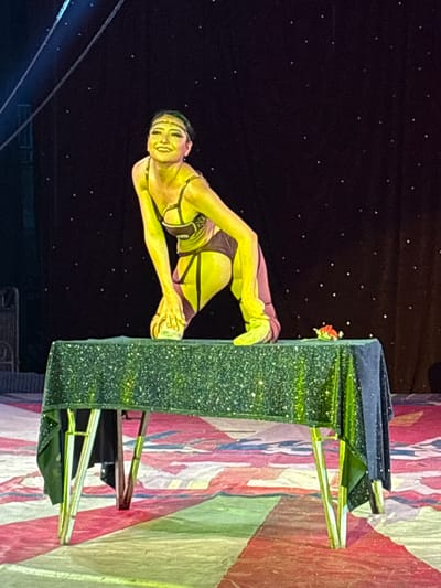 A female circus performer executes a contortionist pose on top of a glitter-covered rectangular stage prop in Tejalpa, Mexico. The woman wears a black and brown leotard with fishnet stockings and a headband. Her body is arched, with one foot resting on the stage prop. The background is a dark curtain with small white dots, suggesting stars. A large colorful backdrop with stripes and geometric patterns is visible to the right of the stage prop.