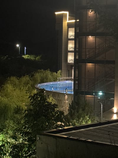 The image depicts a nighttime scene with a building and a swimming pool. The building is multi-story and appears to be an apartment complex or hotel, with illuminated windows and external staircases visible. A portion of a swimming pool, filled with blue water and surrounded by a railing, is visible on an elevated level. Lush green trees and foliage surround the pool and the base of the building, illuminated by artificial lights. In the distance, a streetlamp and a sign with vertical lights are visible on a dark, grassy slope. The overall atmosphere is urban and nocturnal, with the lighting creating a somewhat dramatic effect. There are no people visible in the image. This scene is located in Uchterek, Uzbekistan.