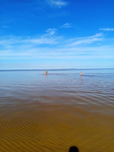 The image depicts an outdoor scene under a clear blue sky with scattered cirrus clouds. A vast body of water, likely a lake or sea, dominates the lower two-thirds of the frame, extending to a distant, faint horizon line suggesting land in the city of Podborov'e, Russia.

In the foreground, the water is shallow and transparent, revealing distinct, parallel, undulating ripple patterns on the sandy or muddy bottom. This shallow water exhibits a brownish-orange hue. Further from the viewer, the water transitions to a deeper, calmer, muted blue-gray, reflecting the sky.

Three individuals are observed standing in the shallow mid-ground water. To the left, two individuals are positioned together. One appears to be an adult or older child, wearing a light-colored top and darker bottoms, facing partially left and looking downward. Adjacent to them, a shorter individual, likely a child, is bent forward, interacting with the water or bottom, wearing green bottoms. Both cast clear reflections on the water's surface. To the right, a single child is visible, wearing red bottoms, standing with their back partially to the viewer and looking towards the distant horizon. The water reaches approximately their waist level.

A dark, amorphous shadow, consistent with a photographer's head or camera, is present in the bottom-right corner of the frame.