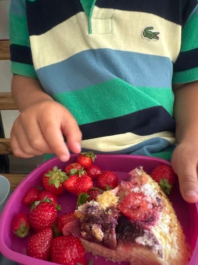 A close-up, indoor shot features a child's hands reaching into a bright pink plastic container filled with strawberries and a slice of cake. The child is wearing a striped polo shirt with green, blue, and cream bands, and a small green alligator logo on the left chest. The cake appears to be topped with strawberries and a purple filling. The background is blurred, but suggests a wooden surface, possibly a table. There is no indication of the location being in Les Rousses, France.