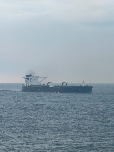 A large, dark-hulled cargo ship, identified by the name "NEW VICTORY" written on its side, sails on a choppy, blue-grey sea under an overcast sky. The ship, which appears to be a tanker, has a white superstructure with several decks and cranes. Smoke is visible emanating from a stack on the ship's upper deck. The ship is moving from left to right, creating a wake behind it. The horizon is indistinct due to the foggy or hazy weather conditions. The surrounding environment is purely oceanic, with no land or other vessels immediately visible in the frame.