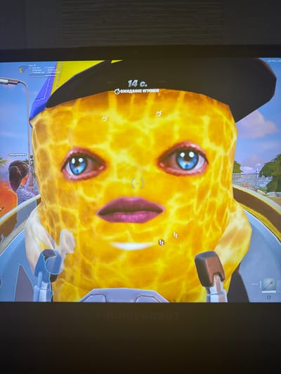This is a close-up, eye-level, first-person perspective shot of a video game interface. The primary subject is a character with a large, yellow, textured head resembling a corn cob, wearing a black cap and a blue and yellow garment. The character has prominent blue eyes and pink lips. In the background, a blurred image shows a cityscape with a blue sky, trees, and a fence. On-screen text indicates "14 c." and "ОЖИДАНИЕ ИГРОКОВ," which translates to "14 sec." and "WAITING FOR PLAYERS." Other UI elements include a ping counter showing "Ping: 103," packet loss, and download/upload speeds. The lower part of the image displays the edge of a monitor with the word "THUNDEROBOT" visible. There is no identifiable location in Kobryn, Belarus, within the provided image.