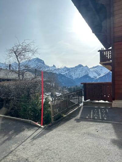 The image displays a panoramic view of a mountain landscape in Arveyes, Switzerland, under bright sunlight. The scene is observed from what appears to be a paved area or driveway in front of a building.

In the immediate foreground, a dark grey asphalt surface occupies the lower half of the frame. Distinct shadows, patterned with decorative cut-outs reminiscent of a balcony railing, are cast onto the asphalt from the right side. On the far left, a bright red, slender vertical pole extends from the ground upwards.

Mid-ground elements include a dark wooden picket fence running from the left towards the center-right, separating the paved area from a lower embankment. Behind this fence, various types of vegetation are present: small green coniferous trees are visible near the red pole, accompanied by a dense tangle of bare deciduous shrubs and a larger bare deciduous tree with fine branches. To the left, the dark roofs of multiple chalet-style buildings are visible, nestled amidst the trees.

On the right side of the image, a section of a multi-story building constructed from horizontal dark wooden planks is partially visible. An intricately carved dark wooden balcony railing, featuring decorative diamond and scroll patterns, extends outwards. Below this, a lower balcony or facade section also displays similar decorative wooden elements, with some snow accumulated on its surface. The building's dark roof overhang, covered with dark tiles or shingles, extends into the upper right corner of the frame, partially obscuring the sun.

The background is dominated by a majestic range of snow-capped mountains, displaying jagged peaks and rocky outcrops. The largest peak is situated towards the upper-left, with continuous snowy ridges extending across the horizon. Below the mountain range, a valley or lower elevation shows forested areas and scattered structures, also with visible snow patches. The sky above is a pale blue, with a bright sun creating a strong glare in the upper-right quadrant. No individuals or overt actions are depicted.