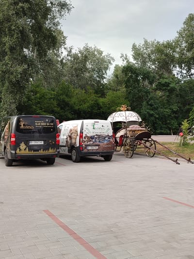 Two vans and a horse-drawn carriage are parked on a paved lot in Shcherbani, Ukraine. The van on the left is black and has a partial wrap with a silhouette of a forest and a house. The van on the right is white and has a full wrap depicting a pastoral scene with people in historical clothing. The horse-drawn carriage is ornate, with gold accents and a white canopy. It is positioned to the right of the white van. Trees line the background of the scene.