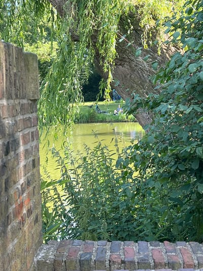The image depicts a scene by a body of water in Leeuwarden, Netherlands, likely in a park or natural setting given the vegetation and recreational activity. In the foreground, a weathered brick wall and a low brick structure are visible on the left and bottom of the frame, respectively. Beyond the wall and foliage, a calm, green-tinged body of water occupies the midground. On the far bank, a person is seated on the grass near a bicycle. Further back, some dense green foliage and trees complete the natural landscape. The overall impression is one of a peaceful outdoor environment.